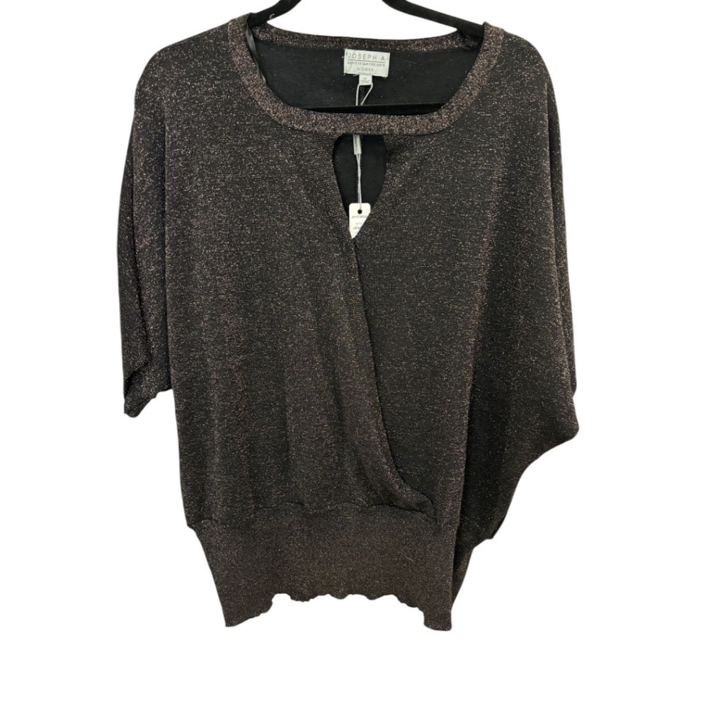 Joseph A. Womens SWEATER 1X Black Sparkle Faux Wrap Pullover Designer NEW $78